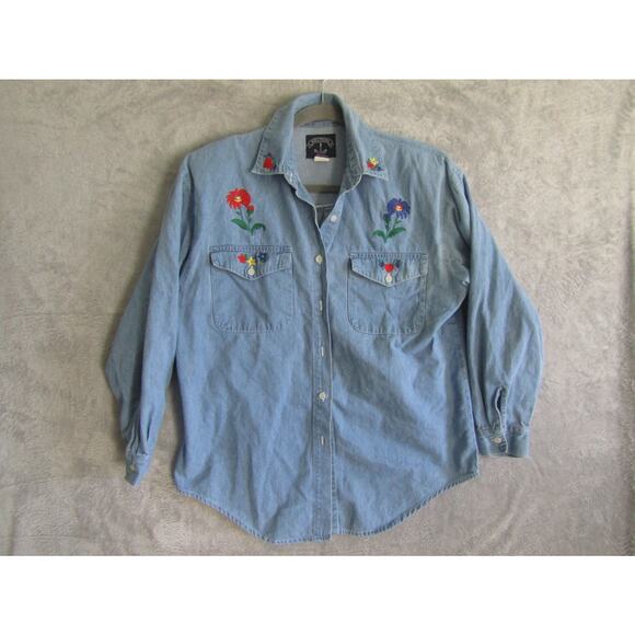 Solutions Denim Shirt Women M Embroidered Floral Western Button Up Chambray - Picture 1 of 7